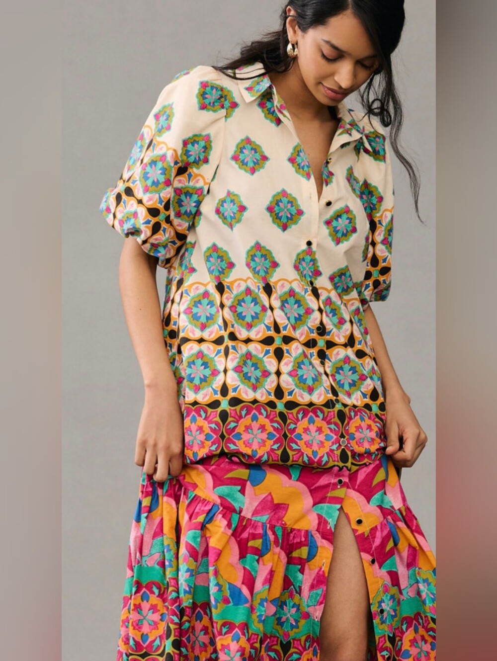 Anthropologie Mixed Print Button Down Maxi Dress Cotton Size Large - Picture 5 of 14